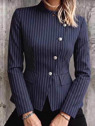 Lucivie Blazer Wanita Elegan Kasual Garis-garis Biru Tua, Potongan Pas Badan, Kerah Tegak, Kancing Perak Asimetris, Lengan Panjang, Hem Peplum Gaya Vintage Bisnis