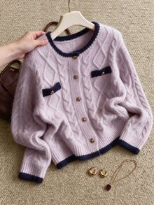 Grovea Cardigan Wanita Ukuran Plus Motif Blok Warna Kasual Elegan Serbaguna untuk Sehari-hari di Musim Gugur, Kantor, Formal, Warna Pink - MultiWarna - View 1