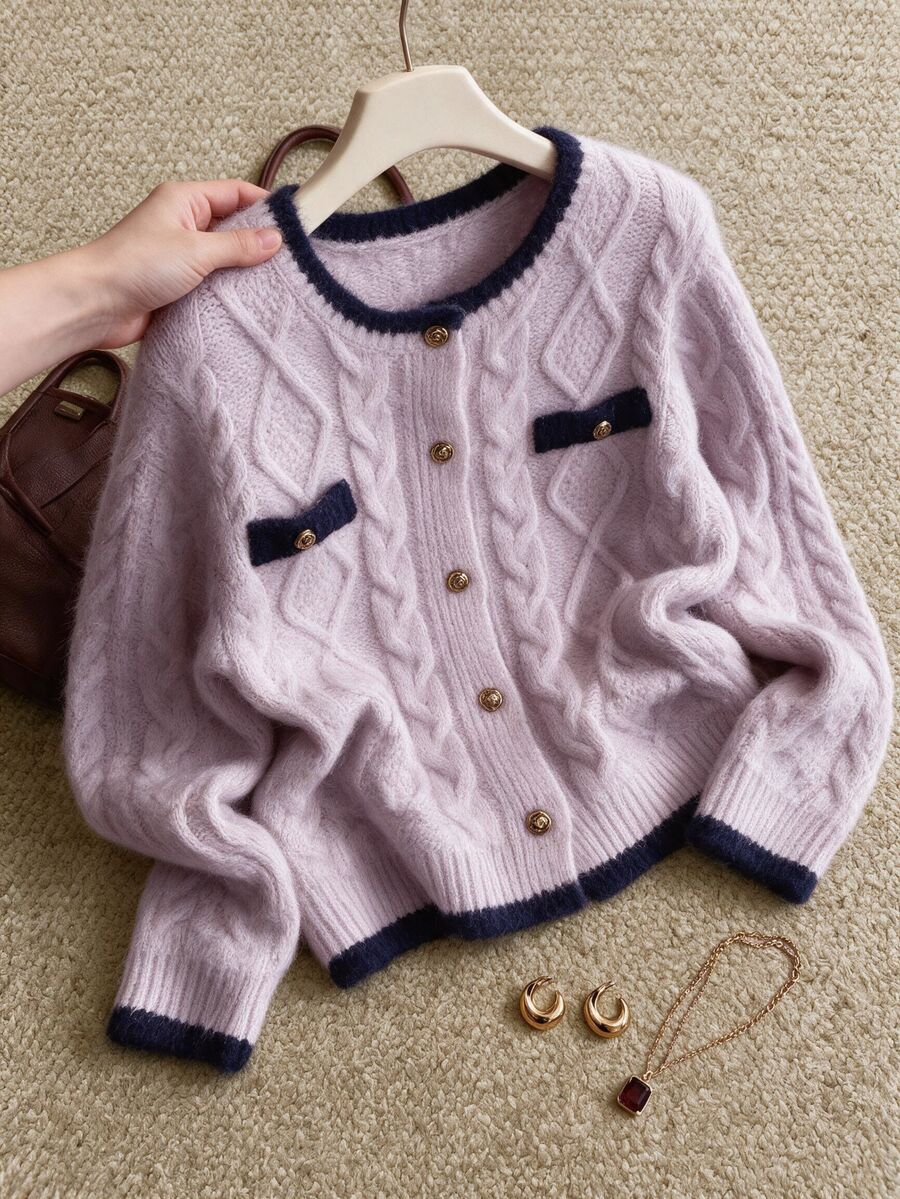 Grovea Cardigan Wanita Ukuran Plus Motif Blok Warna Kasual Elegan Serbaguna untuk Sehari-hari di Musim Gugur, Kantor, Formal, Warna Pink - MultiWarna - View 1