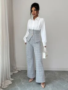 Elenzga Setelan 2 Potong Elegan Kasual untuk Kerja Kantor/Komuter, Kemeja Kancing Warna Kontras + Celana Panjang, Warna Putih, Abu-abu Muda, Musim Gugur - Hitam dan Putih - View 4