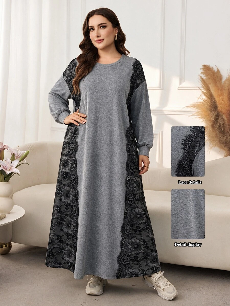 Lacomfia Plus Size Women's Lace Patchwork Casual Versatile Elegant High-End Fashion Sweatshirt Brunch Formal Vacation Dinner Grey Autumn - Grey - View 1