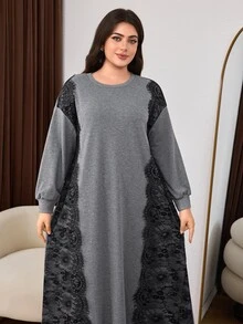 Lacomfia Plus Size Women's Lace Patchwork Casual Versatile Elegant High-End Fashion Sweatshirt Brunch Formal Vacation Dinner Grey Autumn - Grey - View 5