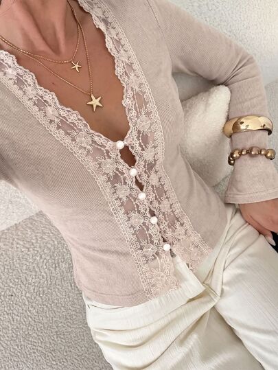 Lucivie Autumn Women's Elegant Lace Trim V Neck Pearl Button Knit T-Shirt Fall Women Ribbed Flare Long Sleeve Casual Tops For Casual Party Dating Daily Wear
