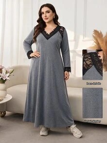 Lacomfia Women's V-Neck Long Sleeve Lace Patchwork Versatile Comfortable Casual Elegant Home Plus Size Dress Formal Grey Autumn - Grey - View 1
