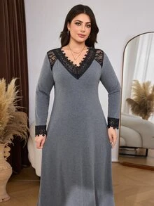 Lacomfia Women's V-Neck Long Sleeve Lace Patchwork Versatile Comfortable Casual Elegant Home Plus Size Dress Formal Grey Autumn - Grey - View 4