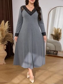 Lacomfia Women's V-Neck Long Sleeve Lace Patchwork Versatile Comfortable Casual Elegant Home Plus Size Dress Formal Grey Autumn - Grey - View 3