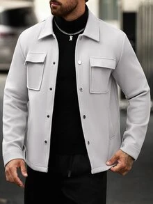 Manfinity Homme 男士素色休閒長袖夾克，適合秋冬穿著 - 淺灰色 - 查看 5