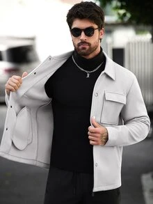 Manfinity Homme 男士素色休閒長袖夾克，適合秋冬穿著 - 淺灰色 - 查看 8