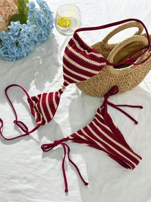 SHEIN Swim Set Bikini Bergaris Merah untuk Wanita, Atasan Tali Bahu Tipis dengan Tali di Belakang dan Bawahan dengan Tali di Samping, Terbuat dari Kain. - Merah - View 3