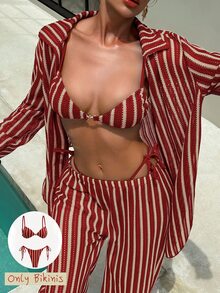 SHEIN Swim Set Bikini Bergaris Merah untuk Wanita, Atasan Tali Bahu Tipis dengan Tali di Belakang dan Bawahan dengan Tali di Samping, Terbuat dari Kain. - Merah - View 2