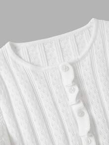 SHEIN MOD Chic Women's Round Neck Eyelet Knit Cardigan With Button Front And Flared Hem,White Cardigan Women,White Fitted Woolen Blouse - White - View 8