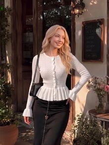 SHEIN MOD Chic Women's Round Neck Eyelet Knit Cardigan With Button Front And Flared Hem,White Cardigan Women,White Fitted Woolen Blouse - White - View 3