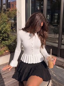 SHEIN MOD Chic Women's Round Neck Eyelet Knit Cardigan With Button Front And Flared Hem,White Cardigan Women,White Fitted Woolen Blouse - White - View 6