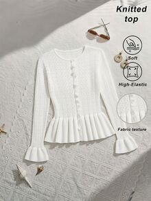 SHEIN MOD Chic Women's Round Neck Eyelet Knit Cardigan With Button Front And Flared Hem,White Cardigan Women,White Fitted Woolen Blouse - White - View 1