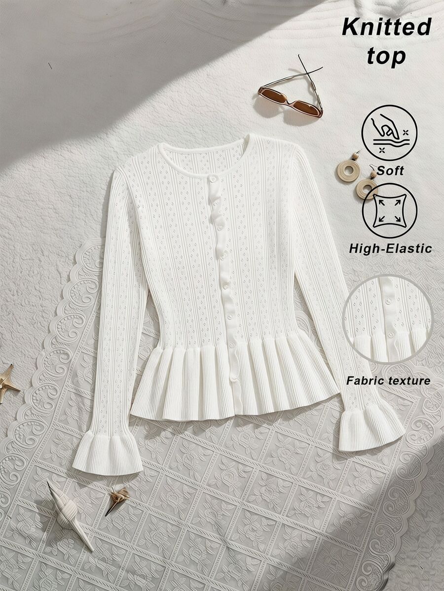 SHEIN MOD Chic Women's Round Neck Eyelet Knit Cardigan With Button Front And Flared Hem,White Cardigan Women,White Fitted Woolen Blouse - White - View 1
