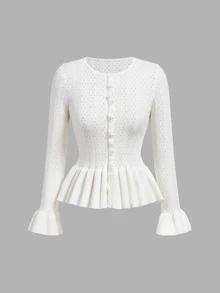 SHEIN MOD Chic Women's Round Neck Eyelet Knit Cardigan With Button Front And Flared Hem,White Cardigan Women,White Fitted Woolen Blouse - White - View 4