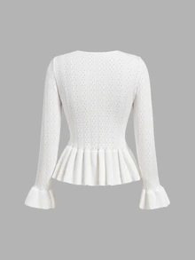 SHEIN MOD Chic Women's Round Neck Eyelet Knit Cardigan With Button Front And Flared Hem,White Cardigan Women,White Fitted Woolen Blouse - White - View 5