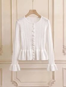 SHEIN MOD Chic Women's Round Neck Eyelet Knit Cardigan With Button Front And Flared Hem,White Cardigan Women,White Fitted Woolen Blouse - White - View 2