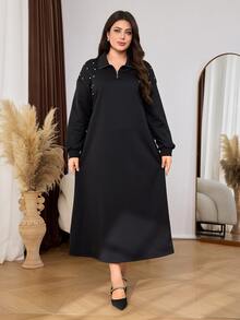Lacomfia Women's Simple Loose Slouchy Rhinestone Front Long Sleeve Plus Size Dress Formal Birthday Brunch Black Autumn Casual Elegant - Black - View 3