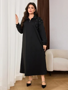 Lacomfia Women's Simple Loose Slouchy Rhinestone Front Long Sleeve Plus Size Dress Formal Birthday Brunch Black Autumn Casual Elegant - Black - View 5