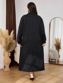 Lacomfia Women's Simple Loose Slouchy Rhinestone Front Long Sleeve Plus Size Dress Formal Birthday Brunch Black Autumn Casual Elegant - Black - View 2