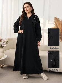 Lacomfia Women's Simple Loose Slouchy Rhinestone Front Long Sleeve Plus Size Dress Formal Birthday Brunch Black Autumn Casual Elegant - Black - View 1