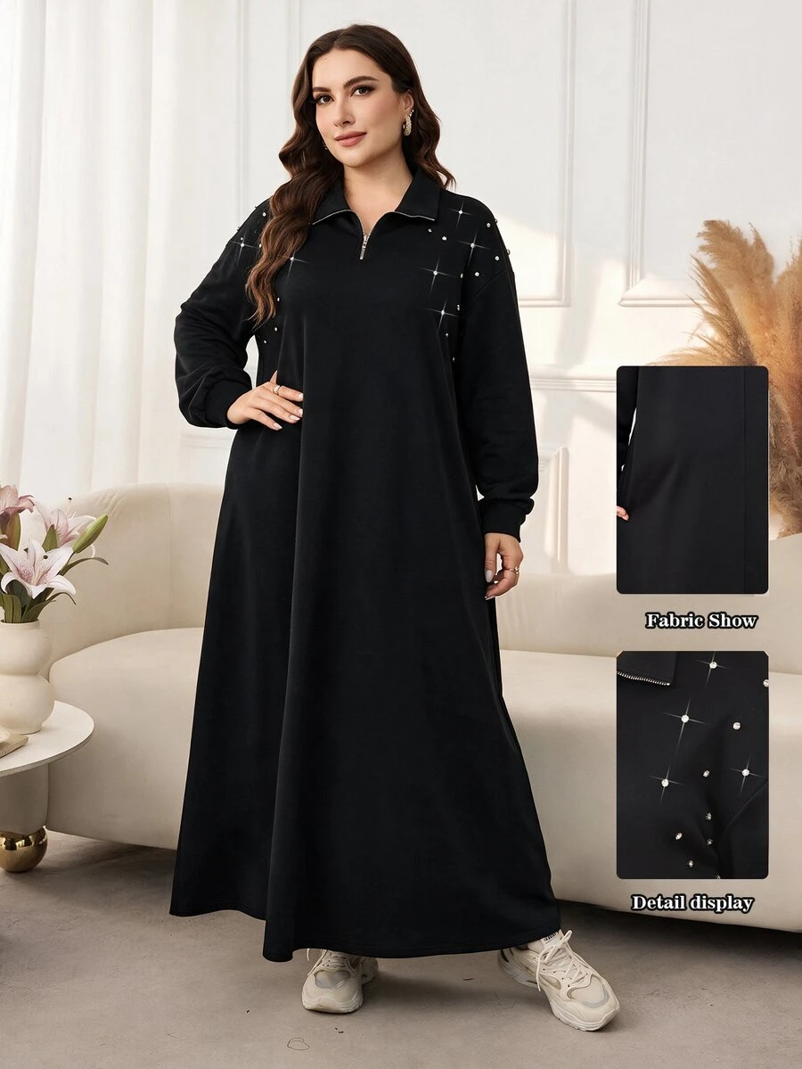Lacomfia Women's Simple Loose Slouchy Rhinestone Front Long Sleeve Plus Size Dress Formal Birthday Brunch Black Autumn Casual Elegant - Black - View 1