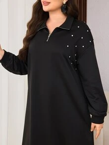 Lacomfia Women's Simple Loose Slouchy Rhinestone Front Long Sleeve Plus Size Dress Formal Birthday Brunch Black Autumn Casual Elegant - Black - View 4