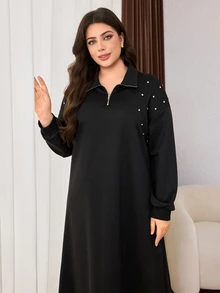 Lacomfia Women's Simple Loose Slouchy Rhinestone Front Long Sleeve Plus Size Dress Formal Birthday Brunch Black Autumn Casual Elegant - Black - View 6