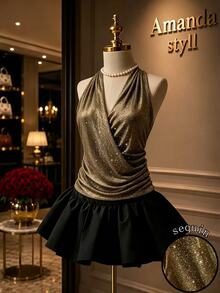 GlowEve Fall Clothes FOR WomenWomen's Overlap V-Neck Pleated Shiny Fashion Tank Top - Gold - View 1