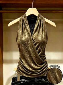 GlowEve Fall Clothes FOR WomenWomen's Overlap V-Neck Pleated Shiny Fashion Tank Top - Gold - View 3