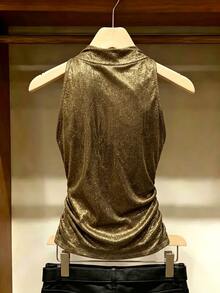 GlowEve Fall Clothes FOR WomenWomen's Overlap V-Neck Pleated Shiny Fashion Tank Top - Gold - View 2