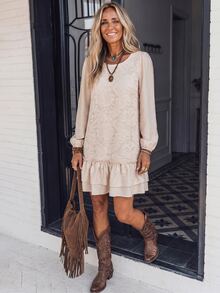 LanaWest Gaun Pendek Wanita Leher Bulat Berlipit Gaya Cottagecore Boho untuk Pesta Liburan Warna Beige Musim Gugur - Aprikot - View 1