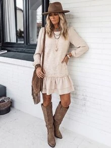 LanaWest Gaun Pendek Wanita Leher Bulat Berlipit Gaya Cottagecore Boho untuk Pesta Liburan Warna Beige Musim Gugur - Aprikot - View 6