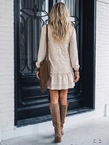 LanaWest Gaun Pendek Wanita Leher Bulat Berlipit Gaya Cottagecore Boho untuk Pesta Liburan Warna Beige Musim Gugur - Aprikot - View 2