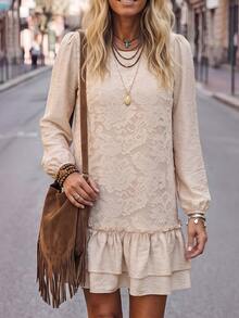 LanaWest Gaun Pendek Wanita Leher Bulat Berlipit Gaya Cottagecore Boho untuk Pesta Liburan Warna Beige Musim Gugur - Aprikot - View 5