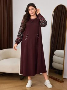 Lacomfia Sweatshirt Wanita Lengan Panjang Kerah Bulat Bertekstur Jacquard Patchwork Kasual Serbaguna Ukuran Besar, Musim Gugur/Dingin - MultiWarna - View 4