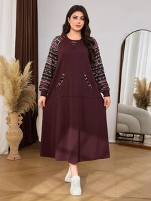 Lacomfia Sweatshirt Wanita Lengan Panjang Kerah Bulat Bertekstur Jacquard Patchwork Kasual Serbaguna Ukuran Besar, Musim Gugur/Dingin - MultiWarna - View 3