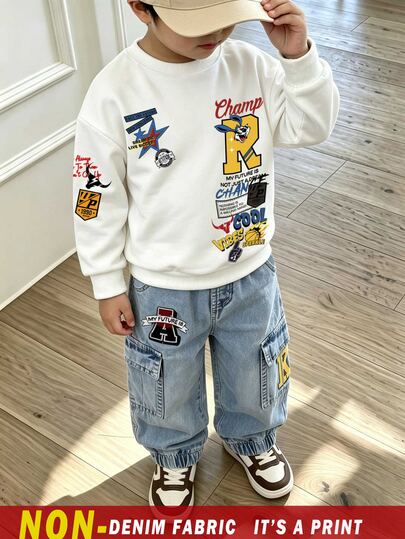 2pcs Young Boy Crew Neck Sweatshirt & Cargo Pants Set, Graphic Print Top Outfit, Street Style, Suitable For Holiday Parties, Comfortable And Casual, Spring Summer Autumn Wear, Soft And Comfortable, First Choice For Baby Boys, Fashion Casual Wear, Streetwear, Outings