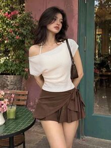 SHEIN MOD Women's Solid Color Asymmetrical Shoulder Ruched Halter Neck T-Shirt - Apricot - View 5