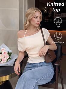 SHEIN MOD Women's Solid Color Asymmetrical Shoulder Ruched Halter Neck T-Shirt - Apricot - View 2
