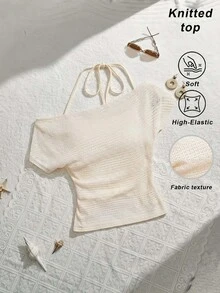 SHEIN MOD Women's Solid Color Asymmetrical Shoulder Ruched Halter Neck T-Shirt - Apricot - View 1