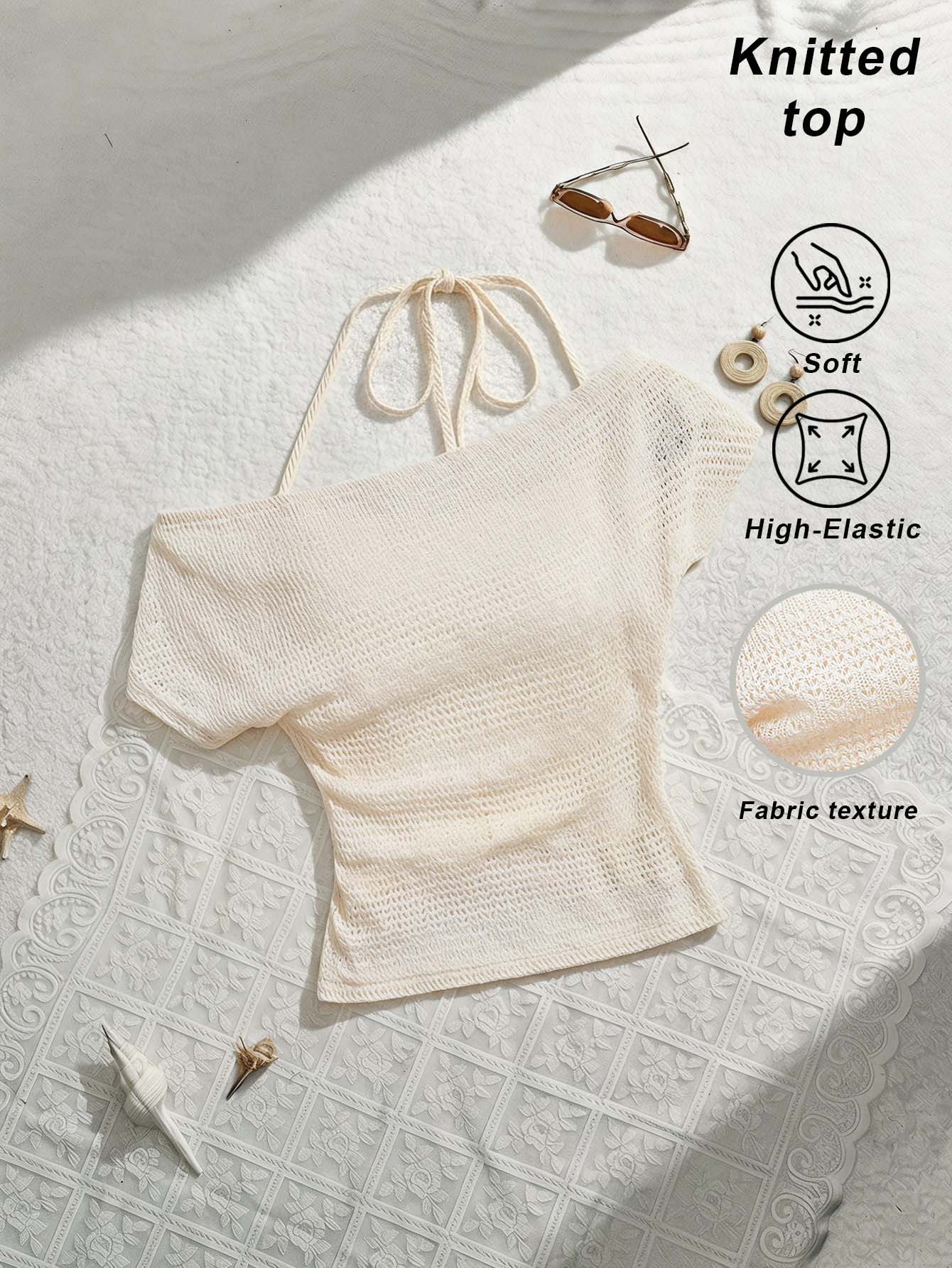 SHEIN MOD Women's Solid Color Asymmetrical Shoulder Ruched Halter Neck T-Shirt - Apricot - View 1