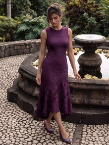 Anewsta Women's Spring/Summer Elegant Round Neck Lace Hollow Patchwork Dress Wedding Party Night Dinner Dark Purple - Purple - View 5