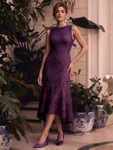 Anewsta Women's Spring/Summer Elegant Round Neck Lace Hollow Patchwork Dress Wedding Party Night Dinner Dark Purple - Purple - View 6