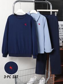 Setelan 3 Potong untuk Remaja: Kemeja Lengan Panjang Bordir Dada Ksatria + Sweatshirt Rajut + Celana Panjang, Pakaian Berlapis Warna Polos Gaya Kampus, Siswa Kembali ke Sekolah, Kelas, Santai, Luar Ruangan, Belanja, Setelan Lengkap untuk Pria - Navy Blue - View 9