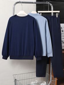 Setelan 3 Potong untuk Remaja: Kemeja Lengan Panjang Bordir Dada Ksatria + Sweatshirt Rajut + Celana Panjang, Pakaian Berlapis Warna Polos Gaya Kampus, Siswa Kembali ke Sekolah, Kelas, Santai, Luar Ruangan, Belanja, Setelan Lengkap untuk Pria - Navy Blue - View 2
