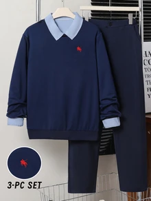 Setelan 3 Potong untuk Remaja: Kemeja Lengan Panjang Bordir Dada Ksatria + Sweatshirt Rajut + Celana Panjang, Pakaian Berlapis Warna Polos Gaya Kampus, Siswa Kembali ke Sekolah, Kelas, Santai, Luar Ruangan, Belanja, Setelan Lengkap untuk Pria - Navy Blue - View 3