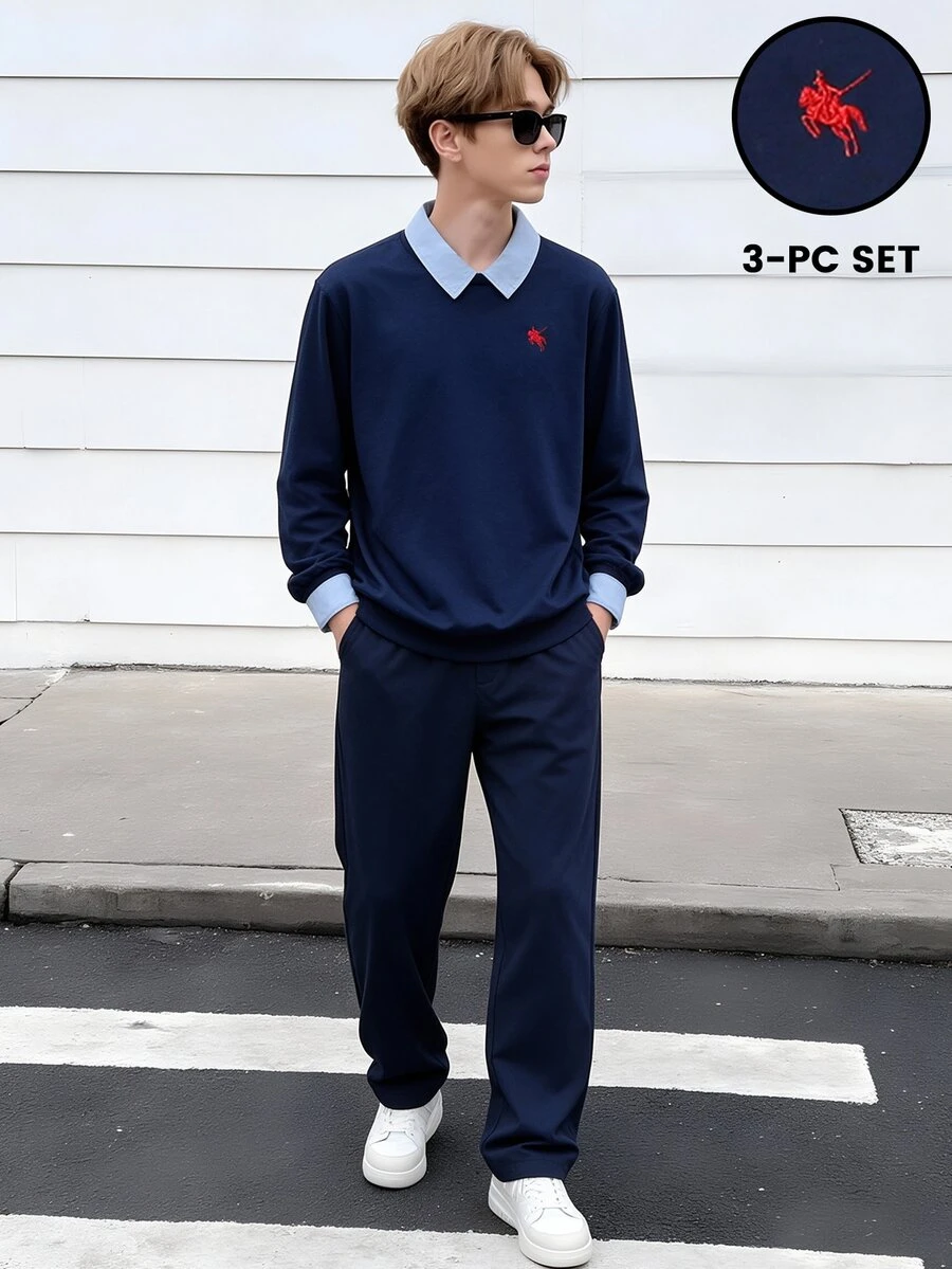 Setelan 3 Potong untuk Remaja: Kemeja Lengan Panjang Bordir Dada Ksatria + Sweatshirt Rajut + Celana Panjang, Pakaian Berlapis Warna Polos Gaya Kampus, Siswa Kembali ke Sekolah, Kelas, Santai, Luar Ruangan, Belanja, Setelan Lengkap untuk Pria - Navy Blue - View 1