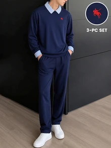 Setelan 3 Potong untuk Remaja: Kemeja Lengan Panjang Bordir Dada Ksatria + Sweatshirt Rajut + Celana Panjang, Pakaian Berlapis Warna Polos Gaya Kampus, Siswa Kembali ke Sekolah, Kelas, Santai, Luar Ruangan, Belanja, Setelan Lengkap untuk Pria - Navy Blue - View 5